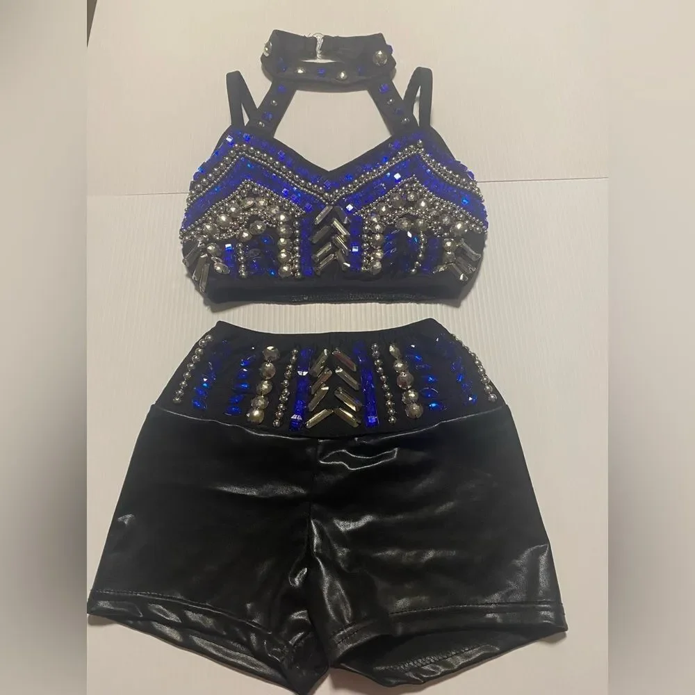 Glamour Dance solo costume mature faux leather studded rocker goth 2 piece LC